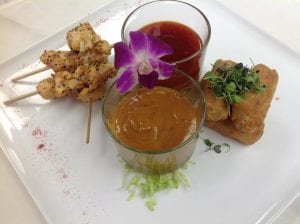 Hibachi Chicken Skewers and Vegetable Egg Rolls